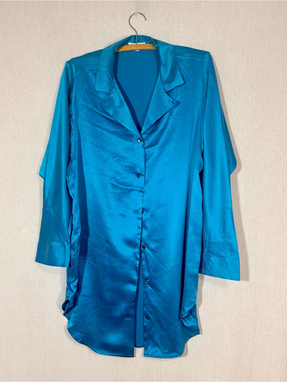 UNDERWRITER 100% Silk size S Button-Down Tunic Top in Vibrant Teal Blue